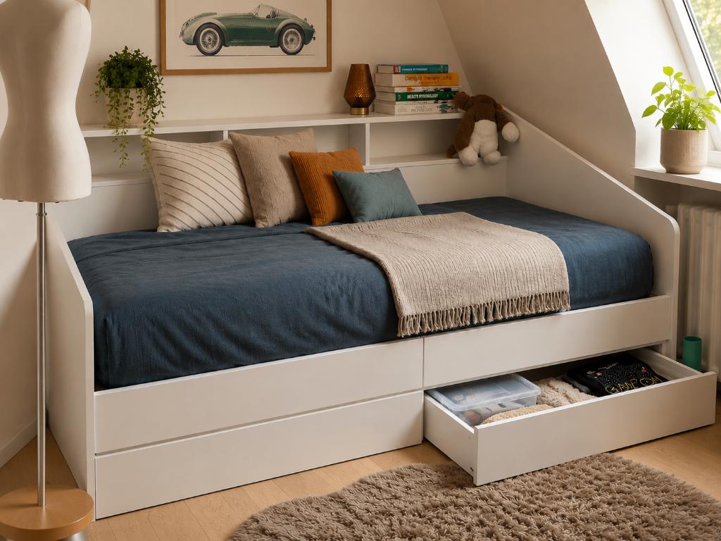 Bed met lades en achterwand met opbergvakken, Huis en Inrichting, Slaapkamer | Bedden, Ophalen, Overige materialen, 90 cm, Eenpersoons