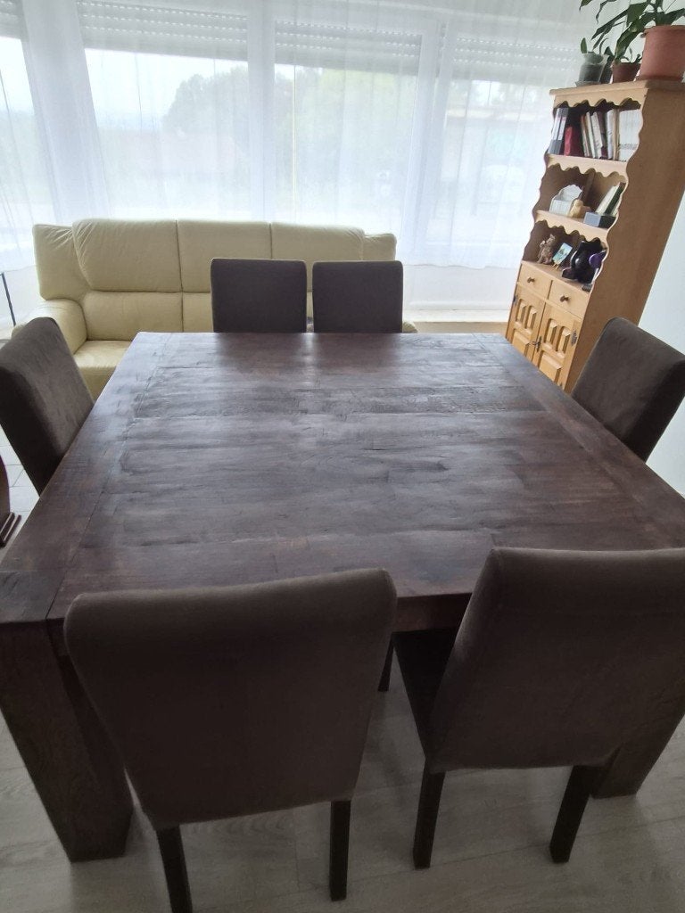 Table en chêne foncé + 6 chaises, 100 à 150 cm, Cinq personnes ou plus, Carré, 100 à 150 cm