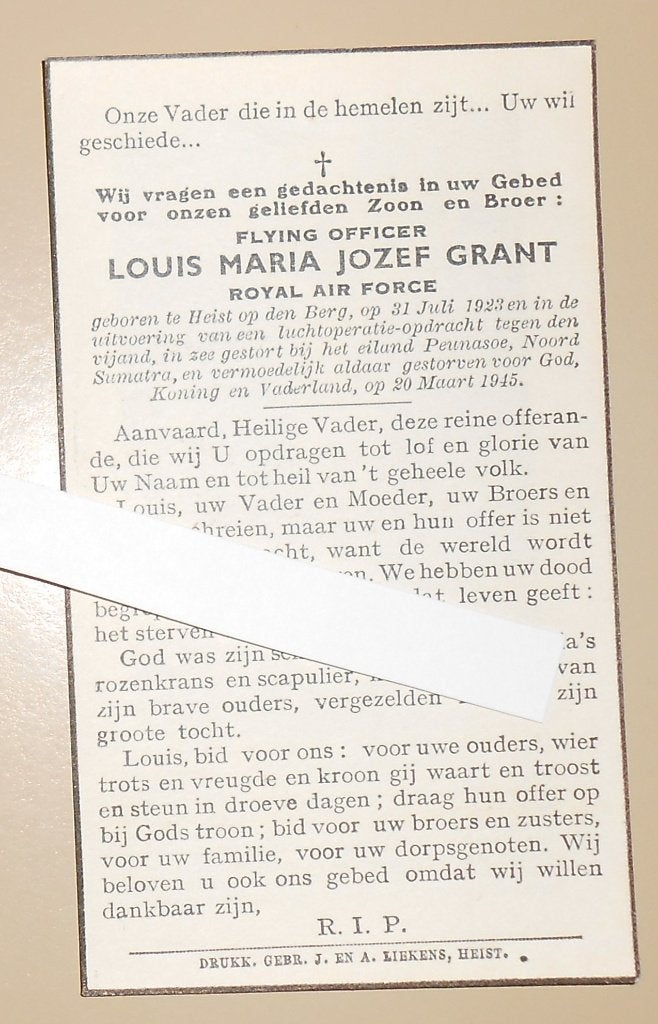 Gesneuvelde Belgische Piloot L. Grant R.A.F. 20 .03 . 1943, Verzamelen, Ophalen of Verzenden, Bidprentje