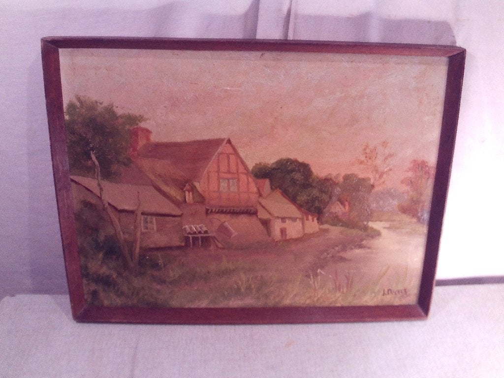 Belle œuvre peinte ancienne 'Rivière et ferme' - J Ducker, Enlèvement ou Envoi, Signé, Paysage, Panneau