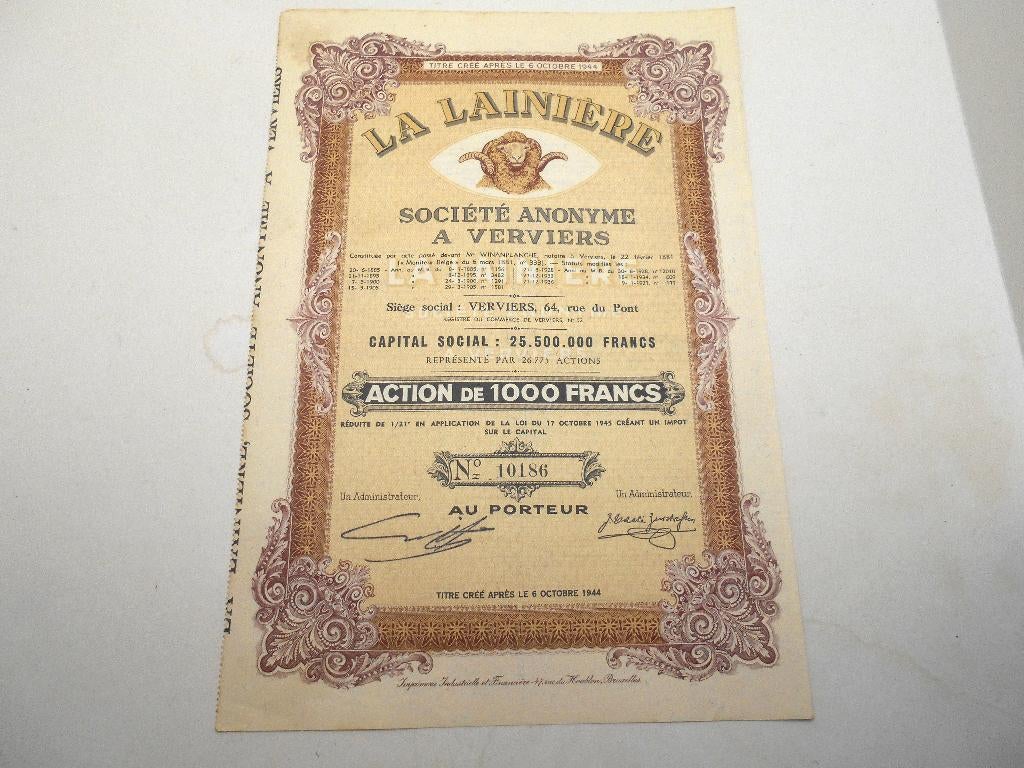 ancienne action 1937 La lainière Verviers (textile), Enlèvement ou Envoi, 1920 à 1950, Action