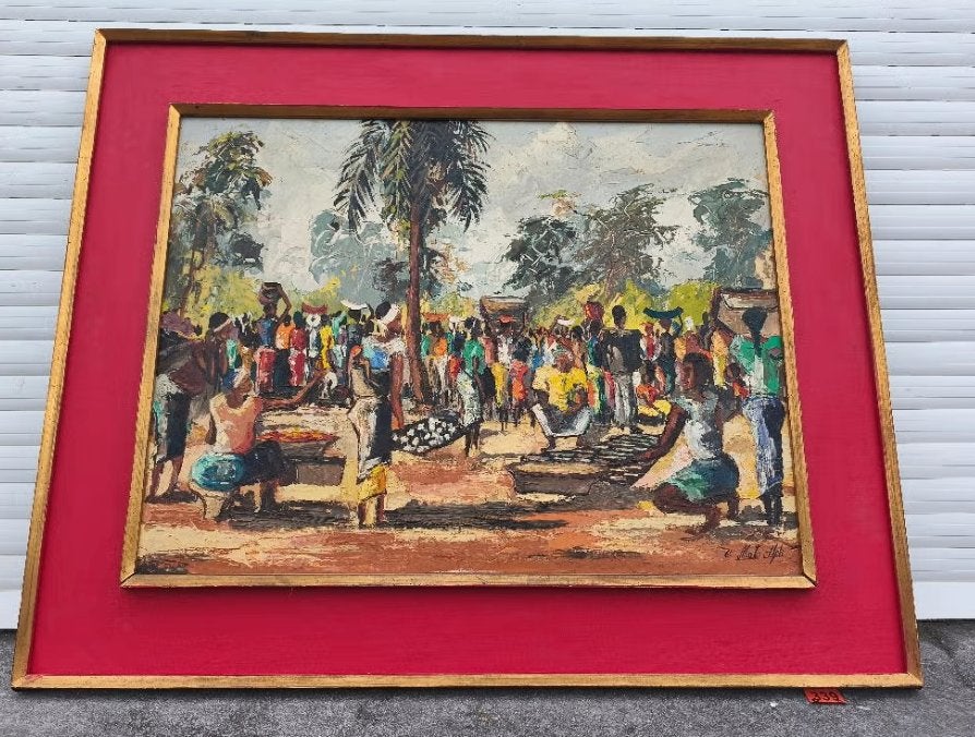 Huile sur panneau scène africaine signe mato steph, Antiquités & Art, Enlèvement, Panneau