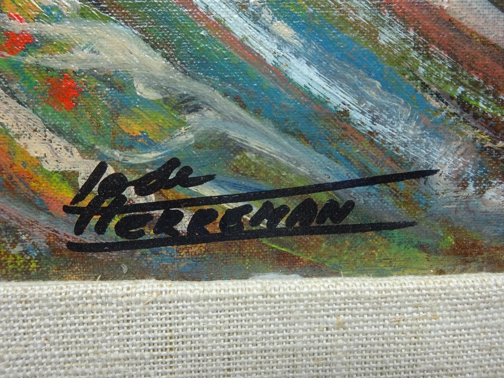 Lode Herreman, 38 x 30 cm, paneel, de nacht sluit.., Peinture à l'huile, Panneau, Surréalisme, Enlèvement