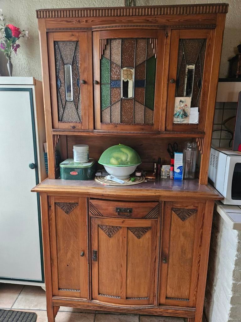 Prachtige Antieke Art Deco Buffetkast / Keukenkast, Ophalen, Glas