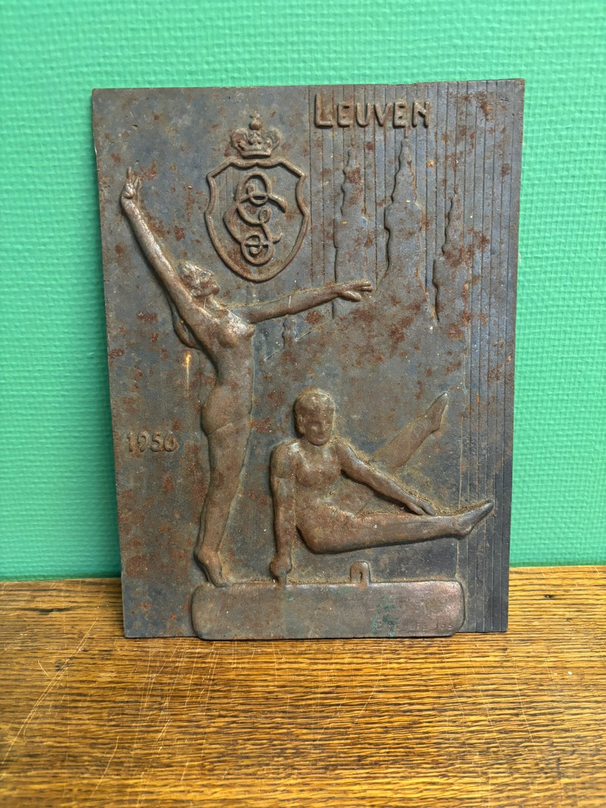 Plaque commémorative en bronze signée : Jos Smeyers, Antiquités & Art, Antiquités | Bronze & Cuivre, Enlèvement ou Envoi, Bronze