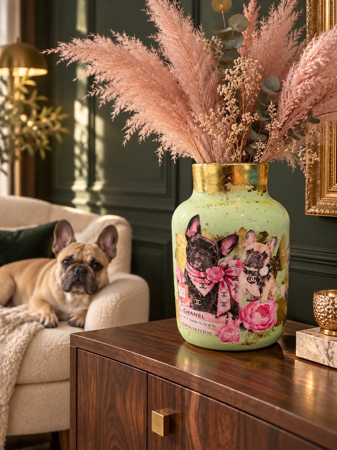 Glazen vaas met bulldogs, Huis en Inrichting, Nieuw, 27 cm, Ophalen of Verzenden, Glas