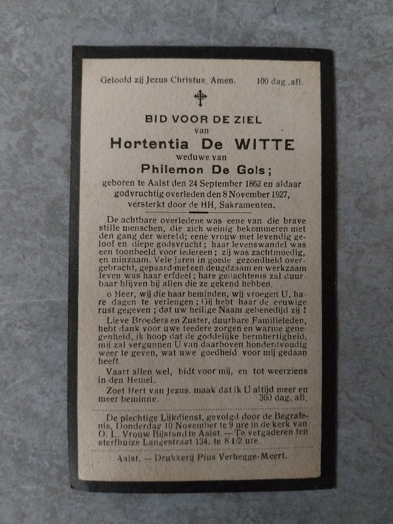 Doodsprentje De Witte De Gols Aalst 1927, Ophalen of Verzenden