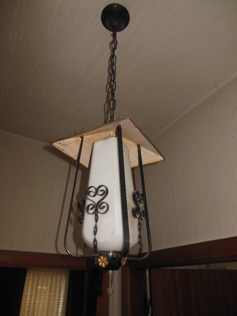 Vintage mid-century hanglamp in vorm van lantaarn, Ophalen, Gebruikt, Smeedijzer, E27 (groot)
