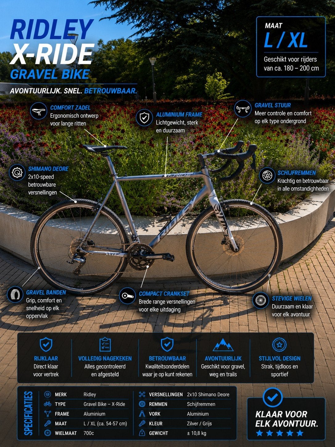 Ridley X-Ride Gravelfiets / Cyclocross, Gebruikt, Velgrem, 56 cm of meer, 15 tot 20 versnellingen