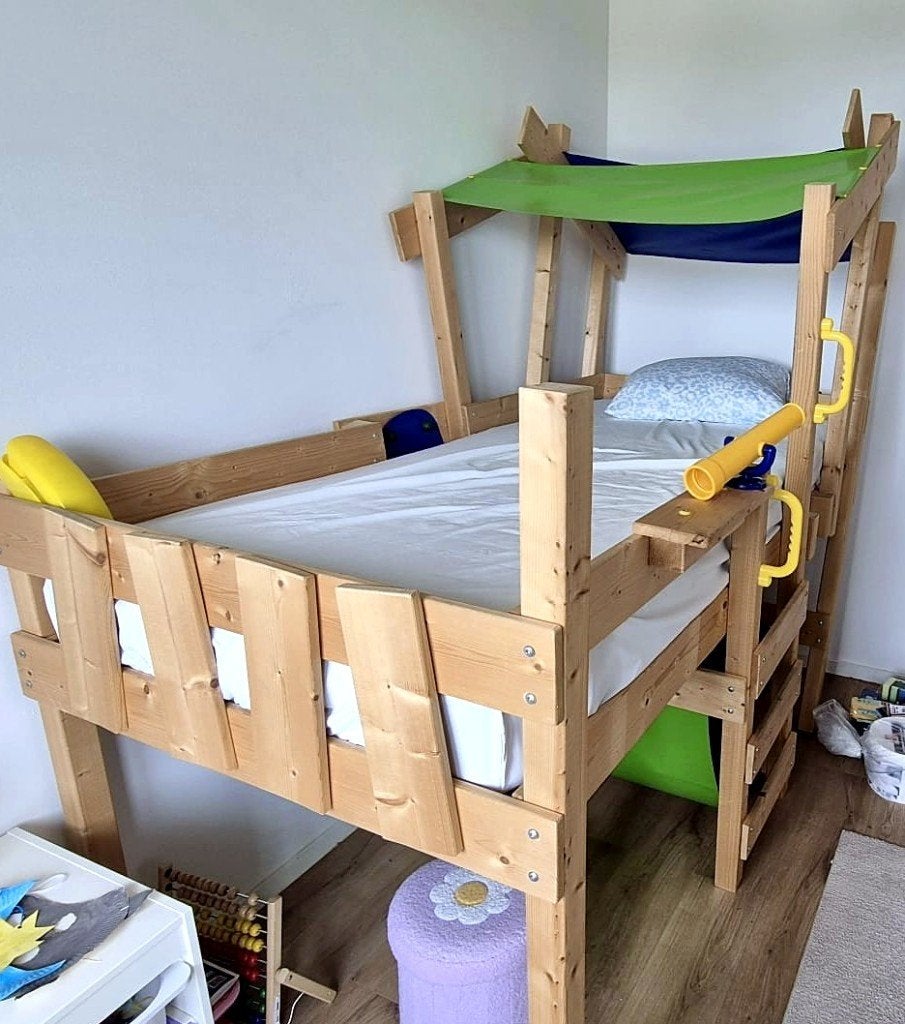 Lit enfant - Wickey - 90x200 avec toboggan – Bois massif, 90 cm, Beige, Enlèvement, 200 cm