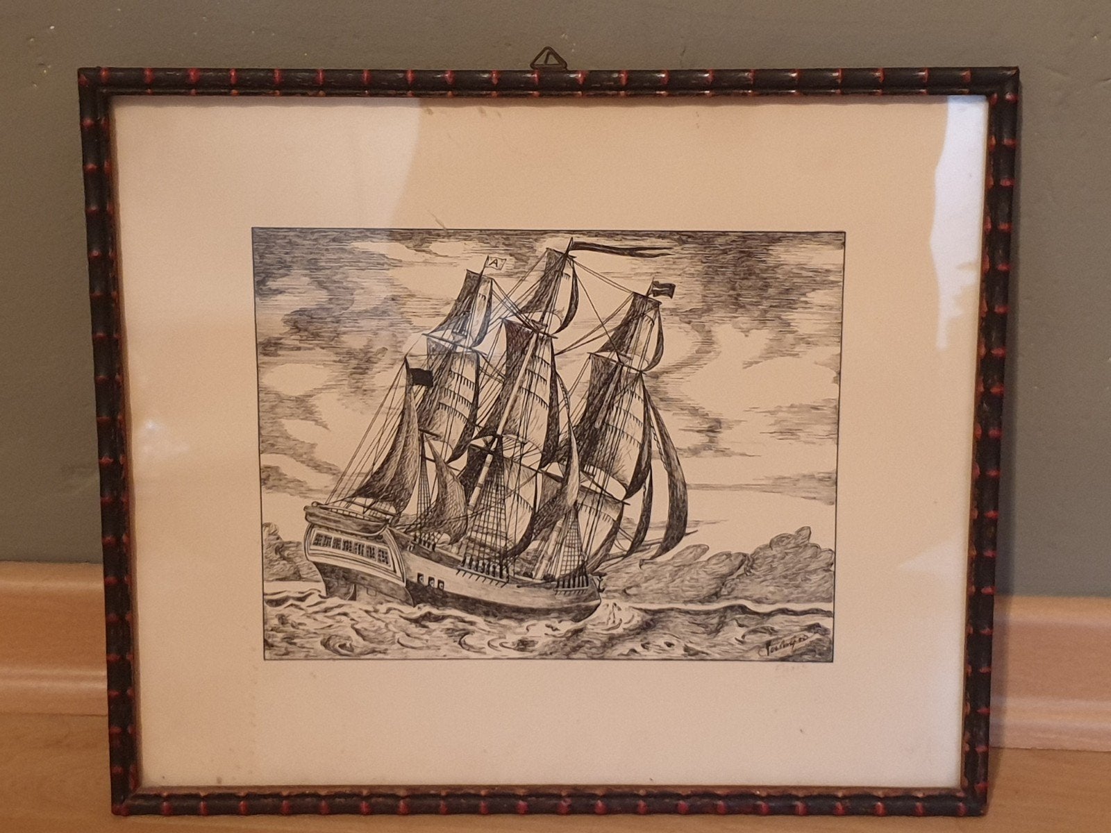 Kader met tekening Schip op zee, Antiek en Kunst, Ophalen, Tekening