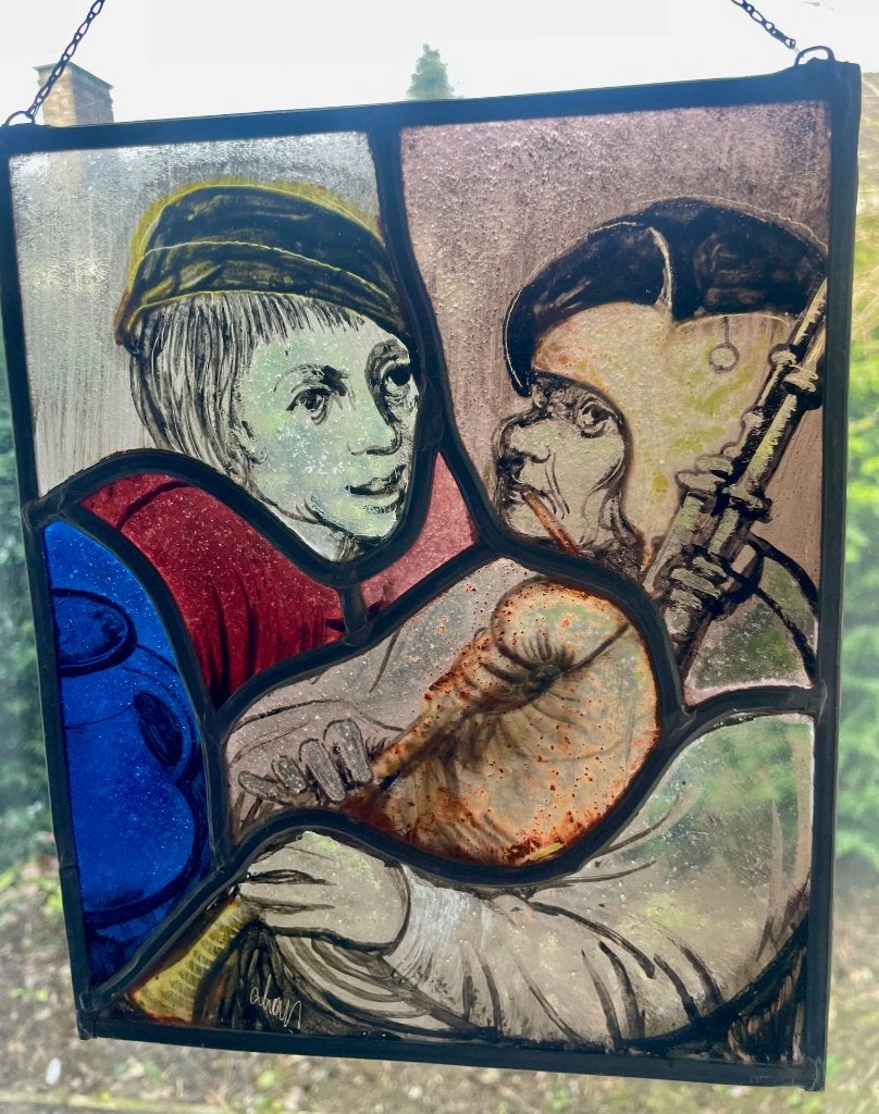 Gebrandschilderd Glas-in-Lood Raam – Doedelzakspeler, Antiek en Kunst, Ophalen of Verzenden