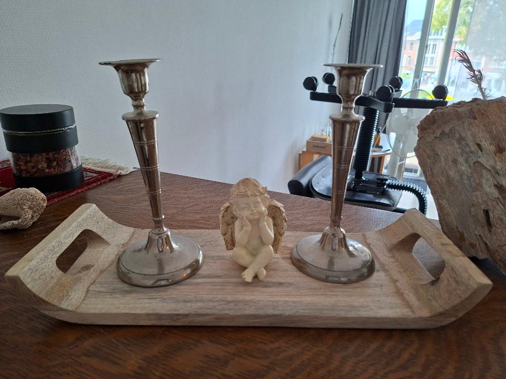 setje van 2 kandelaars met engelbeeldje op plateau, Ophalen, Gebruikt, Metaal, Kandelaar