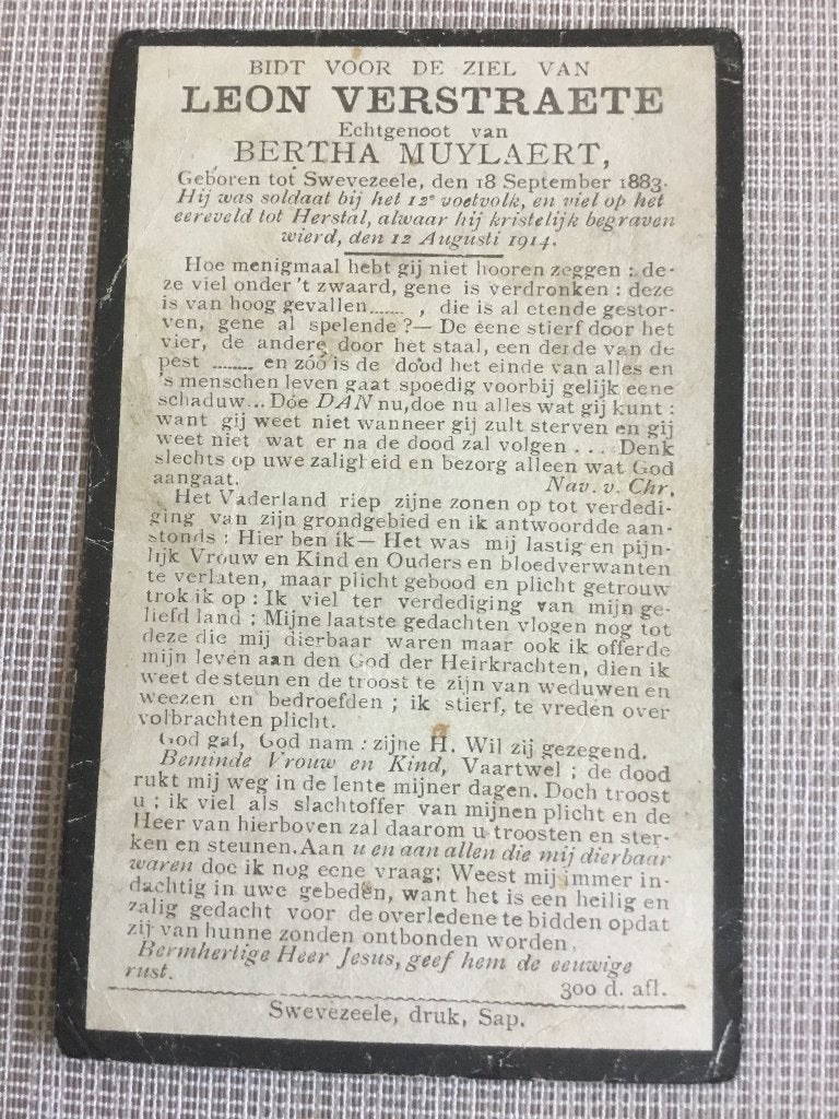 Soldaat L.Verstraete Zwevezele gesneuveld Herstal 1914, Verzamelen, Verzenden, Bidprentje