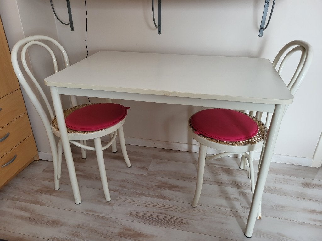 Table (60 x 100) & 2 chaises cannées blanches, Maison & Meubles, Chaises, Comme neuf, Deux, Bois, Métal, Osier ou Rotin, Blanc
