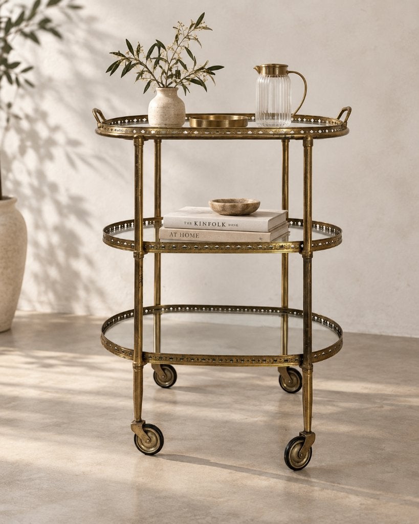 Desserte vintage en laiton et verre sur roulettes, Enlèvement