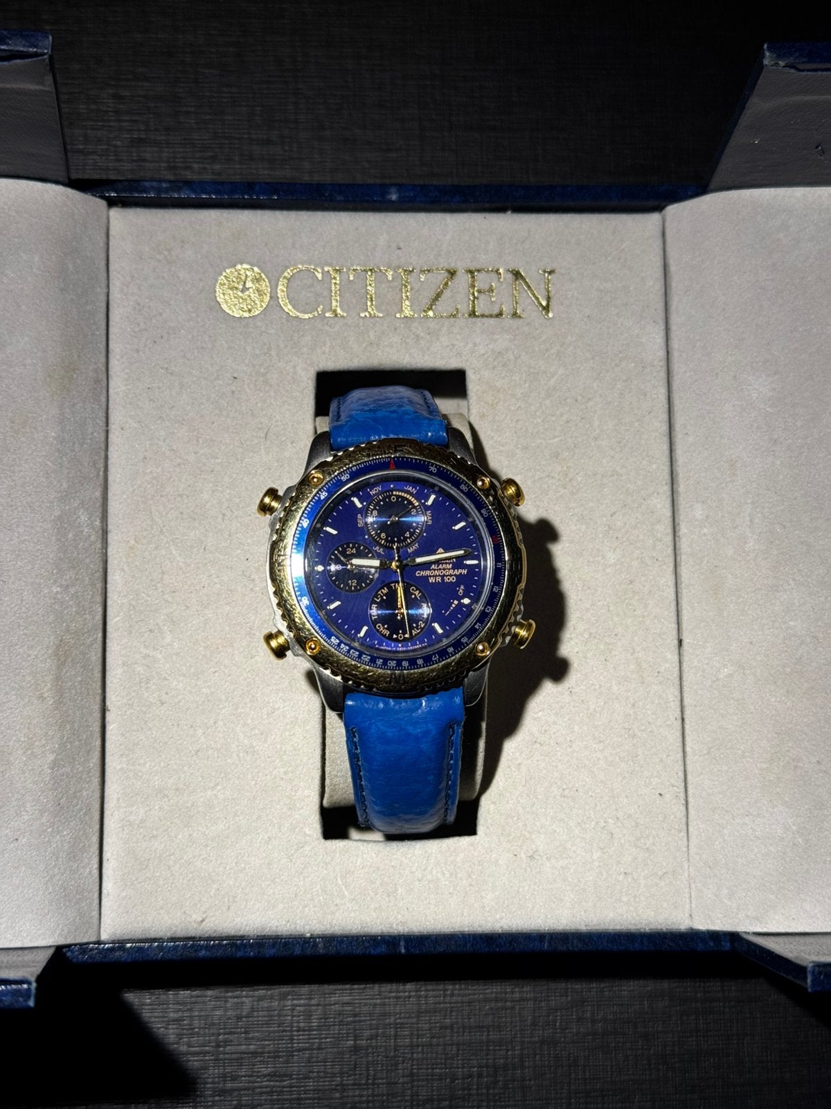 Citizen Alarm Chronograph WR100 Blauwe Wijzerplaat Met Doos, Staal, Verzenden, Leer, Gebruikt