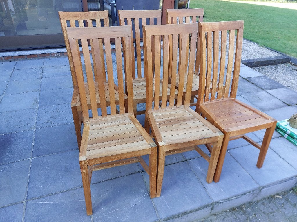 8 Teak eetkamerstoelen met hoge rug, Huis en Inrichting, Stoelen, Ophalen, Bruin, Zo goed als nieuw, Vijf, Zes of meer stoelen