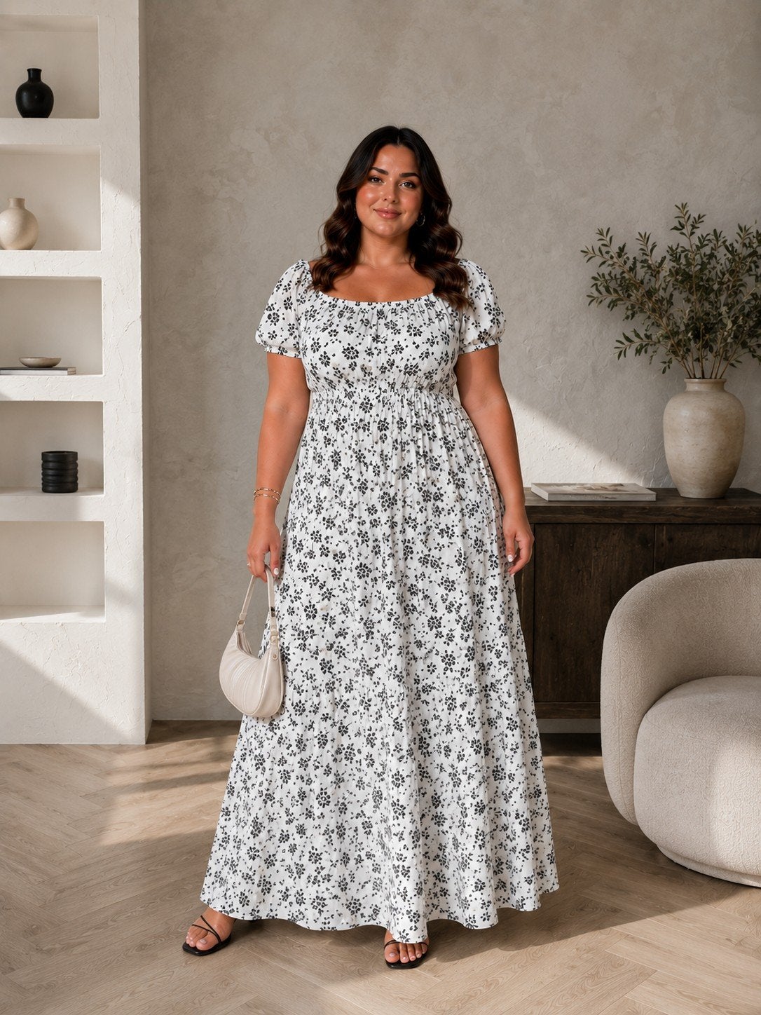 Nieuwe maxi jurk met bloemenprint – EU 52 (6XL), Kleding | Dames, Jurken, Nieuw, Maat 46/48 (XL) of groter, Wit, Onder de knie