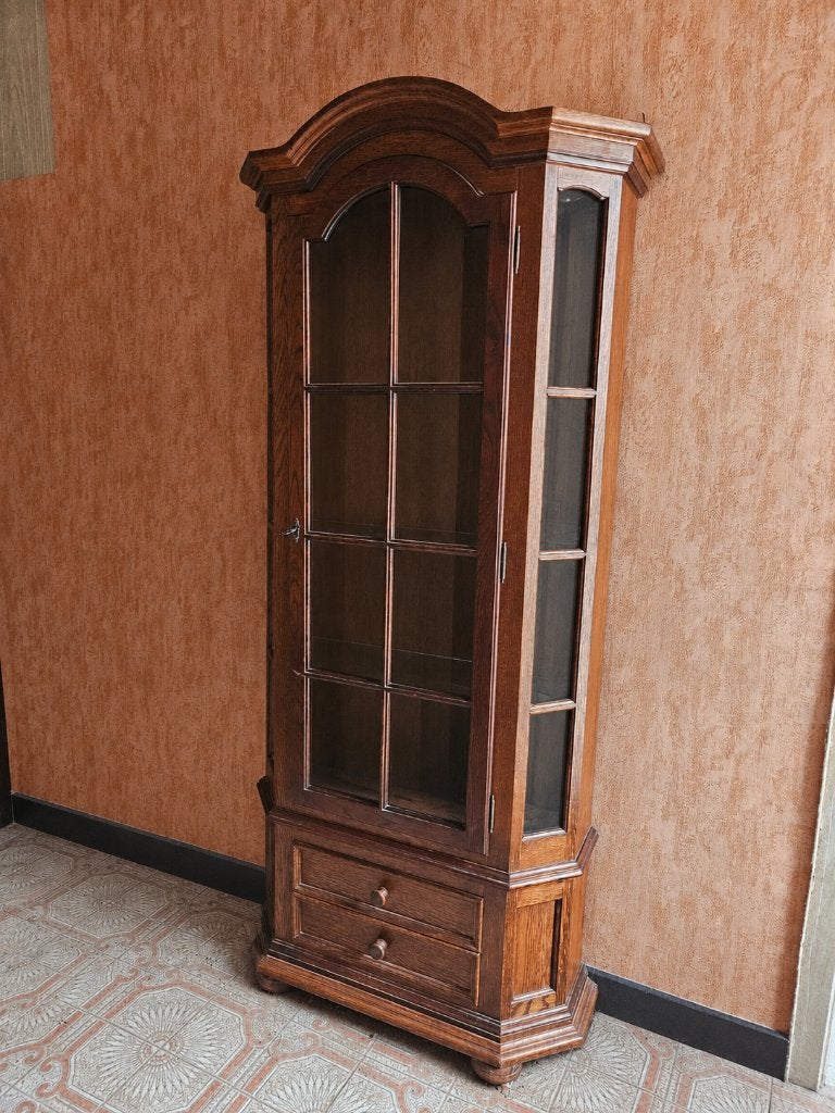 Vintage massief eiken vitrinekast, Huis en Inrichting, Ophalen, Gebruikt, 200 cm of meer, Met lade(s)