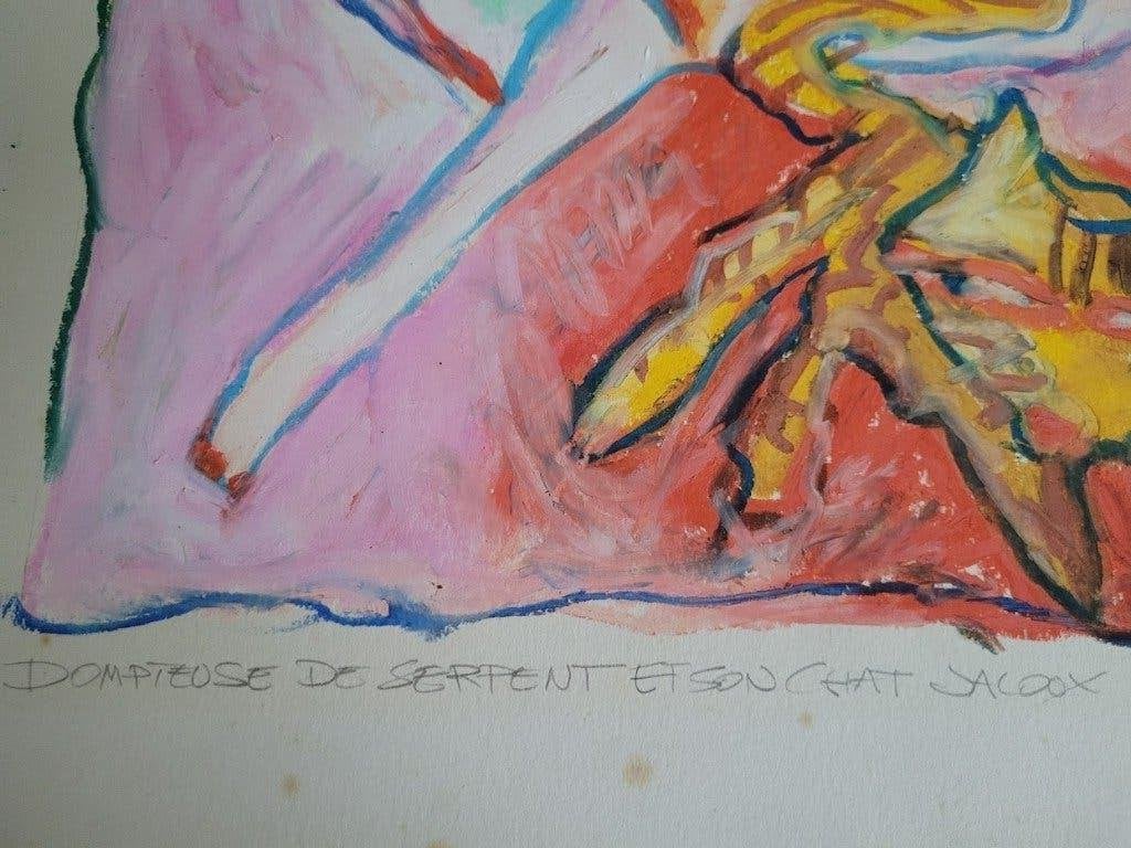Mixed media origineel werk kunst "Naakte Vrouw met kat", Ophalen, Gesigneerd, Gemengde techniek, Figuren