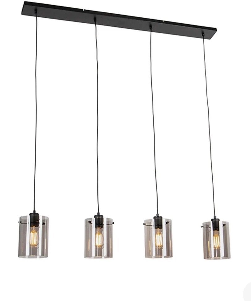 Design hanglamp met 4 lichten en smokey grijs glas, Huis en Inrichting, Lampen | Hanglampen, Ophalen, Nieuw, E27 (groot), Glas