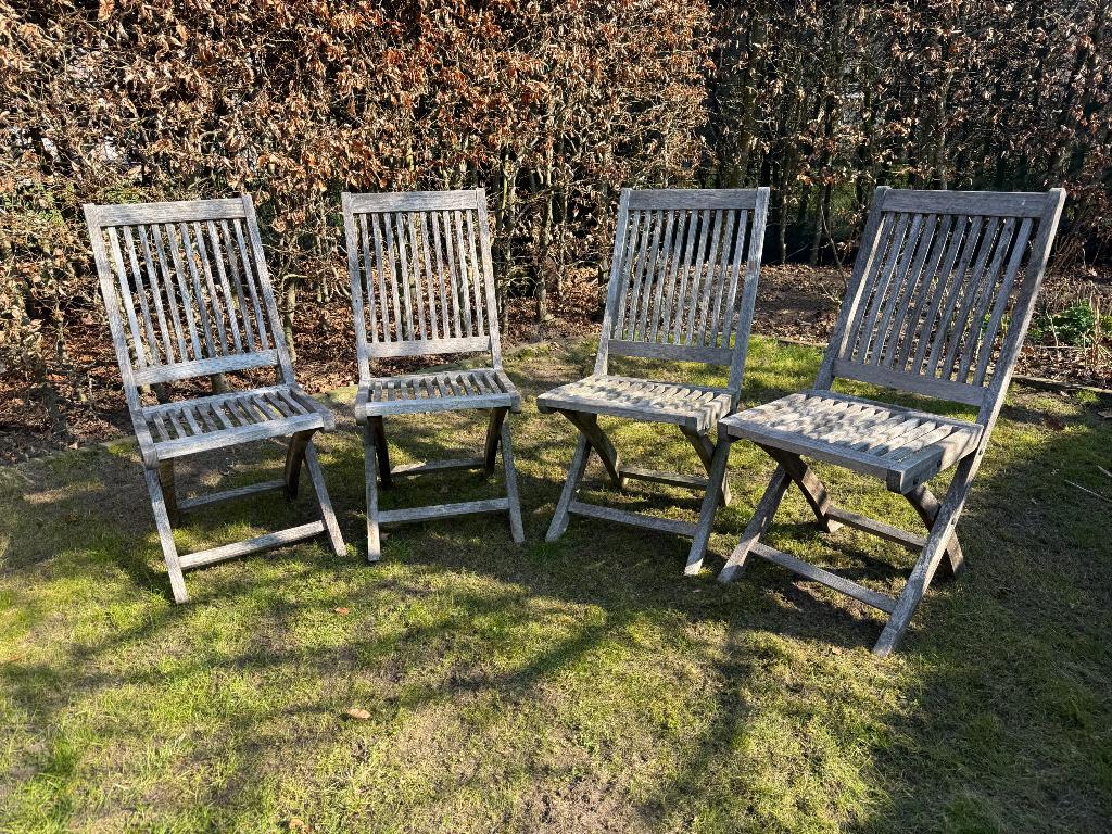 4 Teaken tuinstoelen, Tuin en Terras, Tuinstoelen, Ophalen, Gebruikt, Teakhout, Inklapbaar