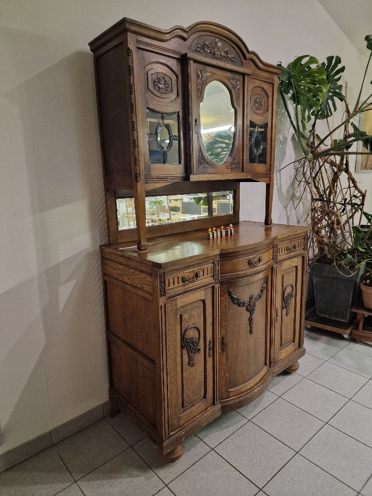 Antieke houten kast met gebeitelde motieven, glas, spiegels, Antiek en Kunst, Ophalen