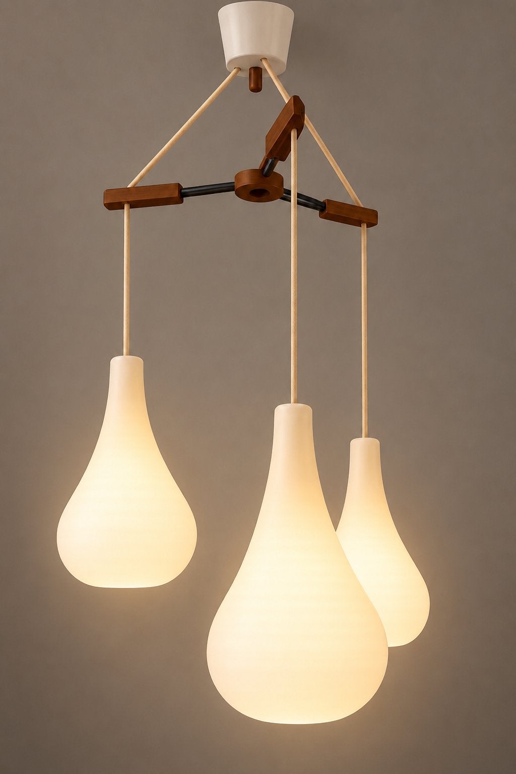Vintage plafondlamp teak melkglas teardrops, Huis en Inrichting, Ophalen, Zo goed als nieuw