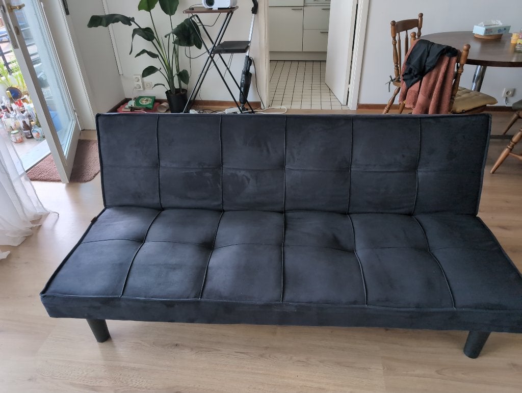 Blauwe zetel met optie tot gastbed, Huis en Inrichting, Ophalen, Gebruikt, Driepersoons, Rechte bank
