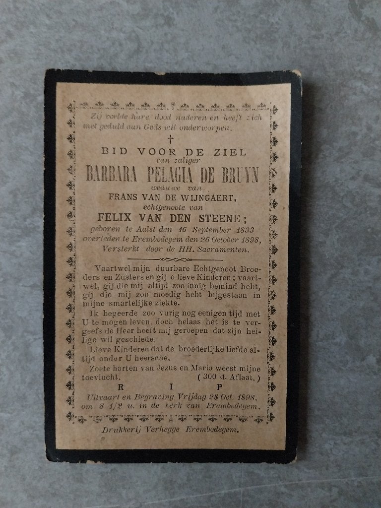 Doodsprentje De Bruyn Aalst Erembodegm 1898, Ophalen of Verzenden, Rouwkaart