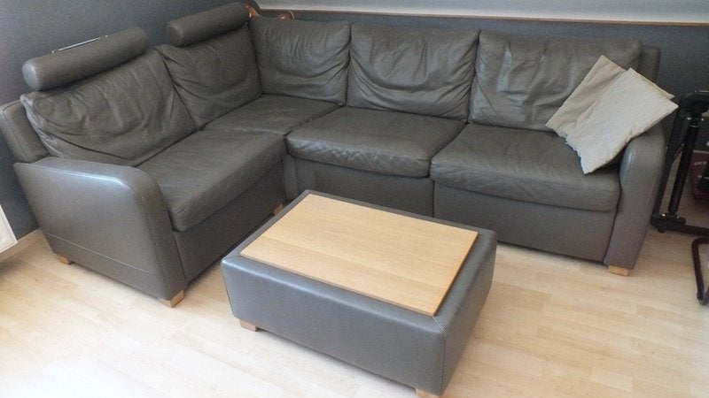 Canapé d'angle en cuir marron et table basse assortie, Maison & Meubles, Enlèvement, Comme neuf, Cuir, Passend bij alle stijlen