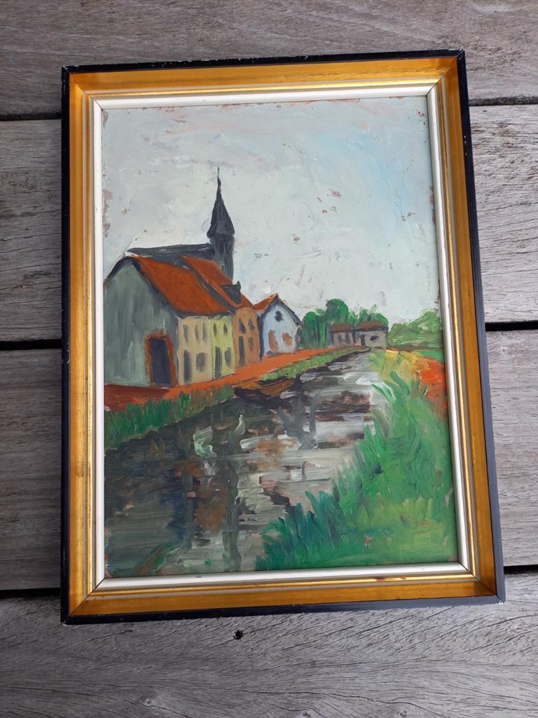 Sfeervol Expressionistisch schilderij- Dorpsgezicht met Kerk, Antiek en Kunst, Kunst | Schilderijen | Klassiek, Ophalen of Verzenden