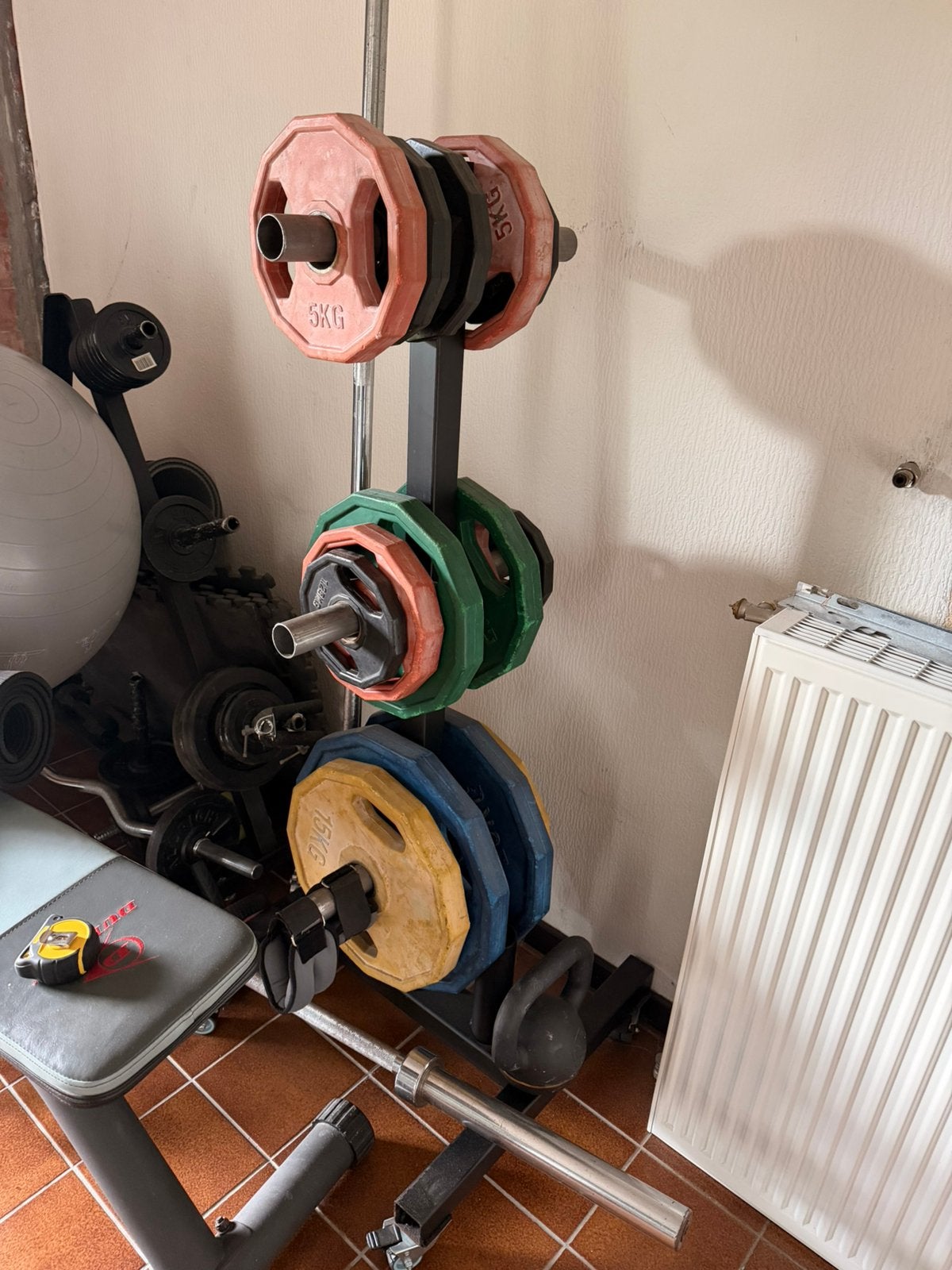 Olympische gewichten, barbell en staander, Sport en Fitness, Ophalen, Gebruikt, Halterschijven