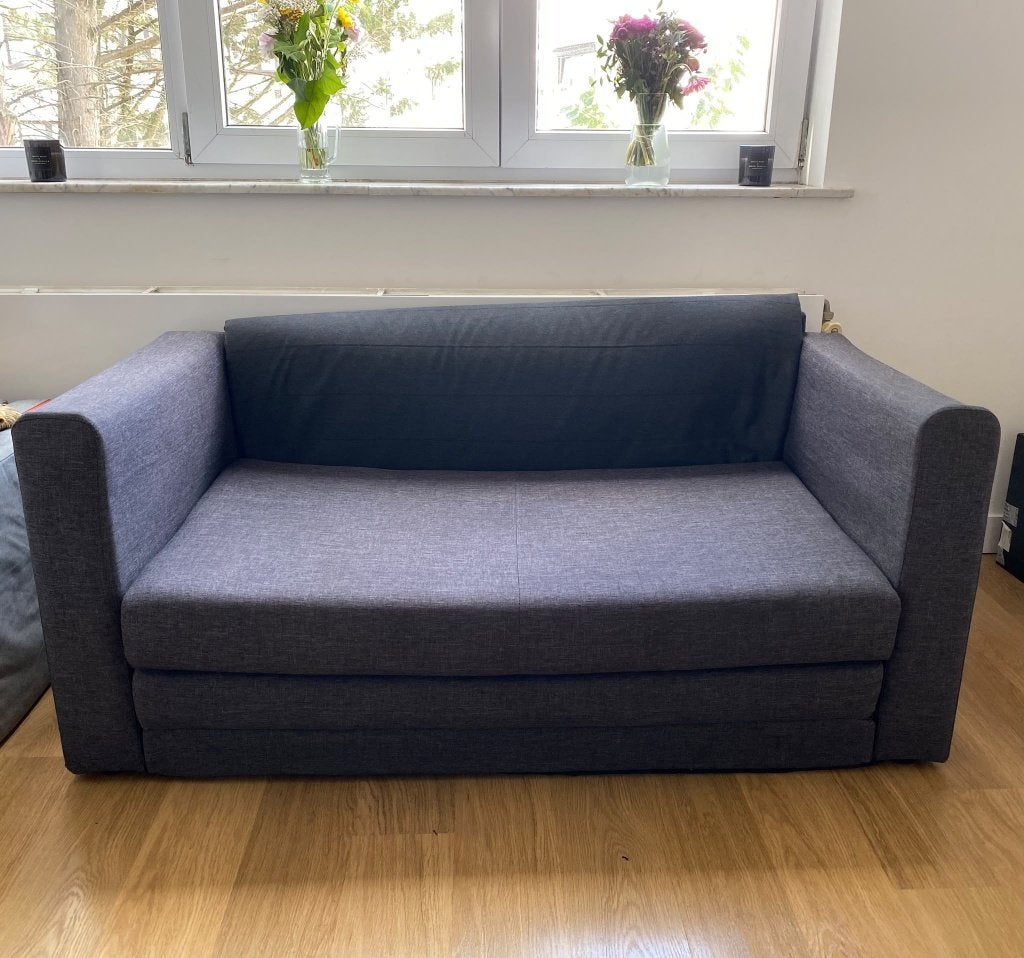 Canapé-lit compact et pratique – Très bon état – Gris foncé, Enlèvement ou Envoi, Utilisé, Deux personnes, Gris
