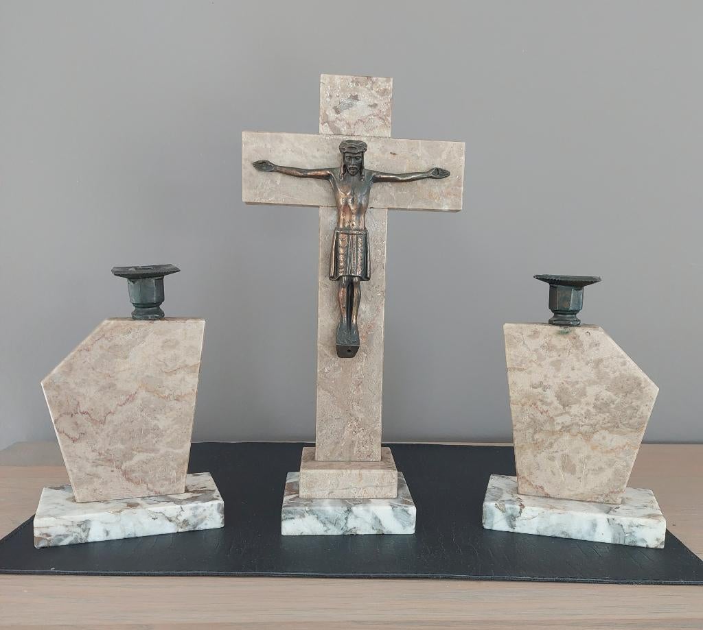 Art Deco Marmeren Kruis en Kandelaars, Antiek en Kunst, Antiek | Religieuze voorwerpen, Ophalen of Verzenden
