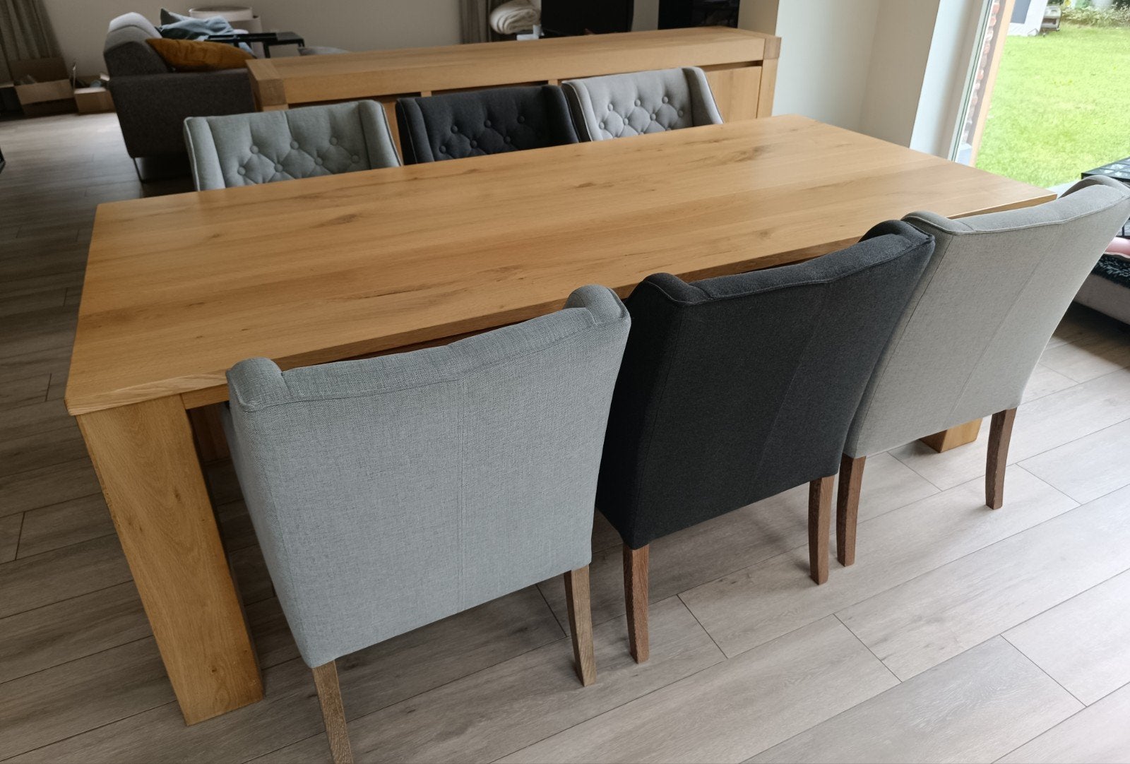 Massieve eiken eetkamer  met 6 landelijke zetelstoelen, Ophalen, Eikenhout, 200 cm of meer, Modern / landelijk