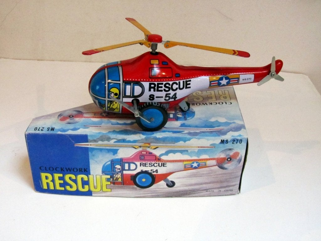 Vintage MS 270 Clockwork Rescue Helicopter Tin Toy + doos, Ophalen of Verzenden, Zo goed als nieuw, Schaalmodel