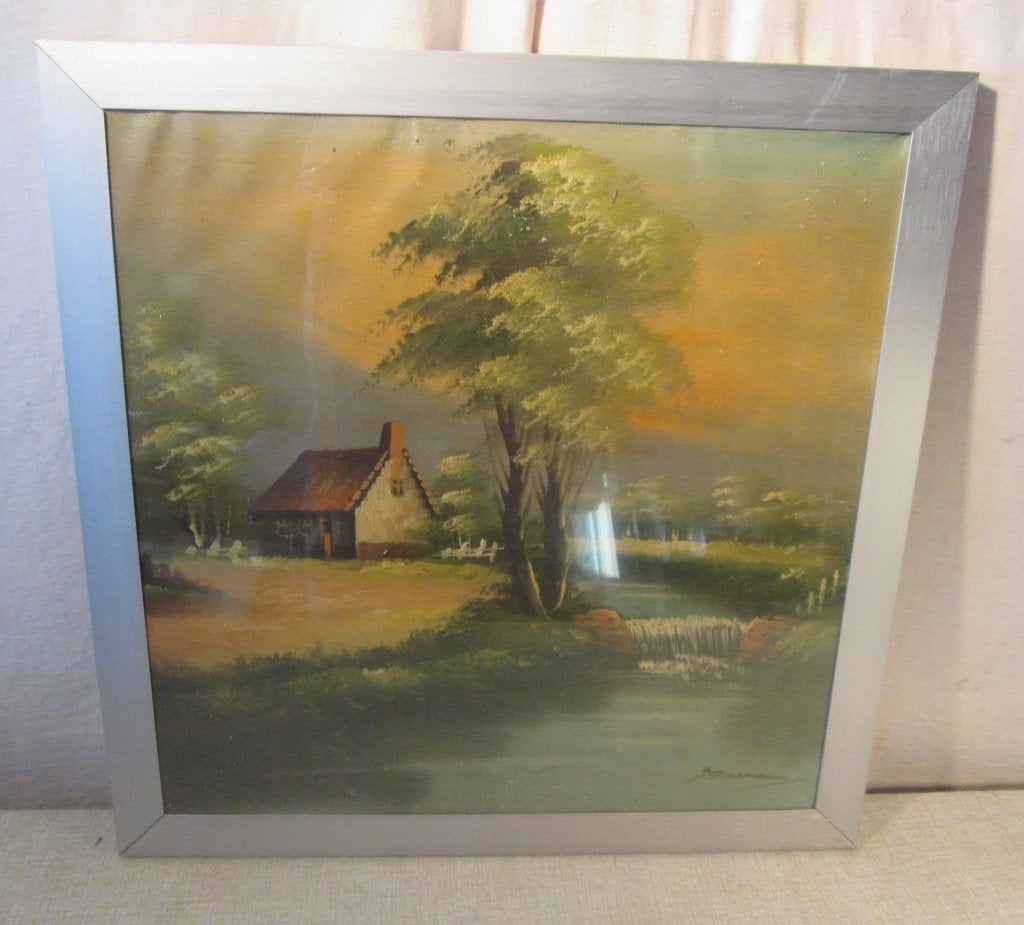Belle œuvre peinte ancienne « Ferme et cascade » - signée, Antiquités & Art, Enlèvement ou Envoi, Peinture à l'huile, Encadré