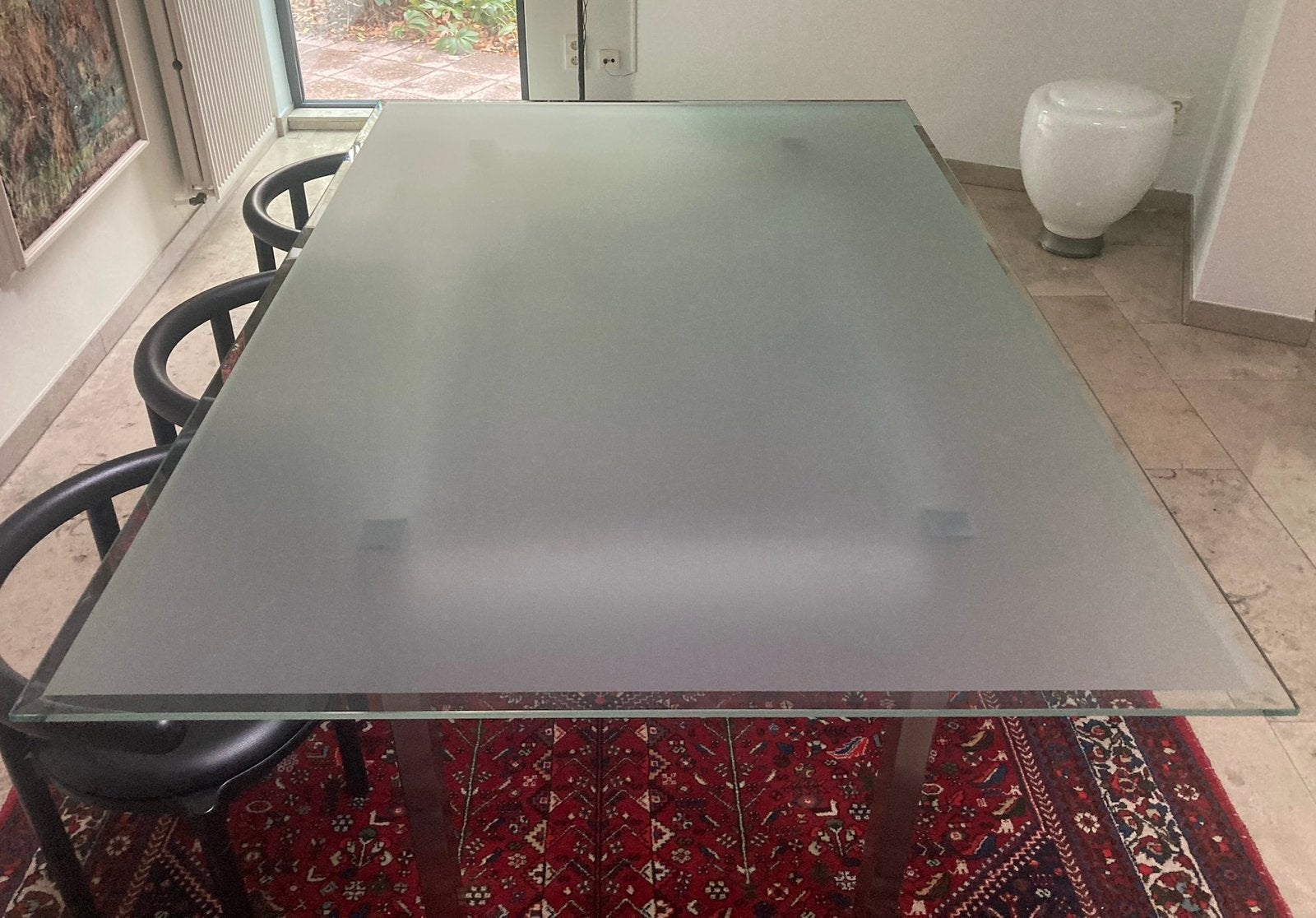 Glazen tafel met inox onderstel, Ophalen, Zo goed als nieuw