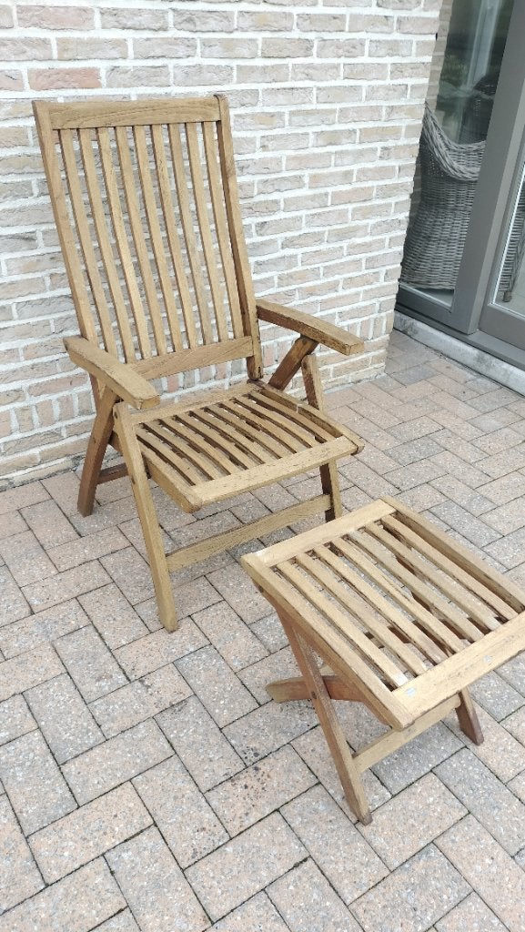 Teak klapstoel en kussen, Jardin & Terrasse, Chaises longues, Enlèvement, Comme neuf, Bois de teck, Réglable
