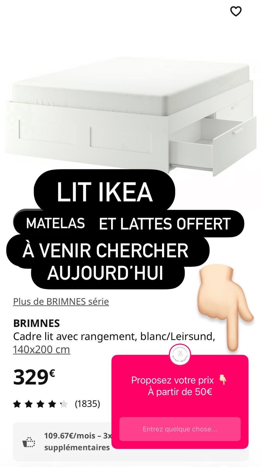Lit ikea Brimnes 140x200 blanc, 140 cm, Enlèvement, Utilisé, 200 cm