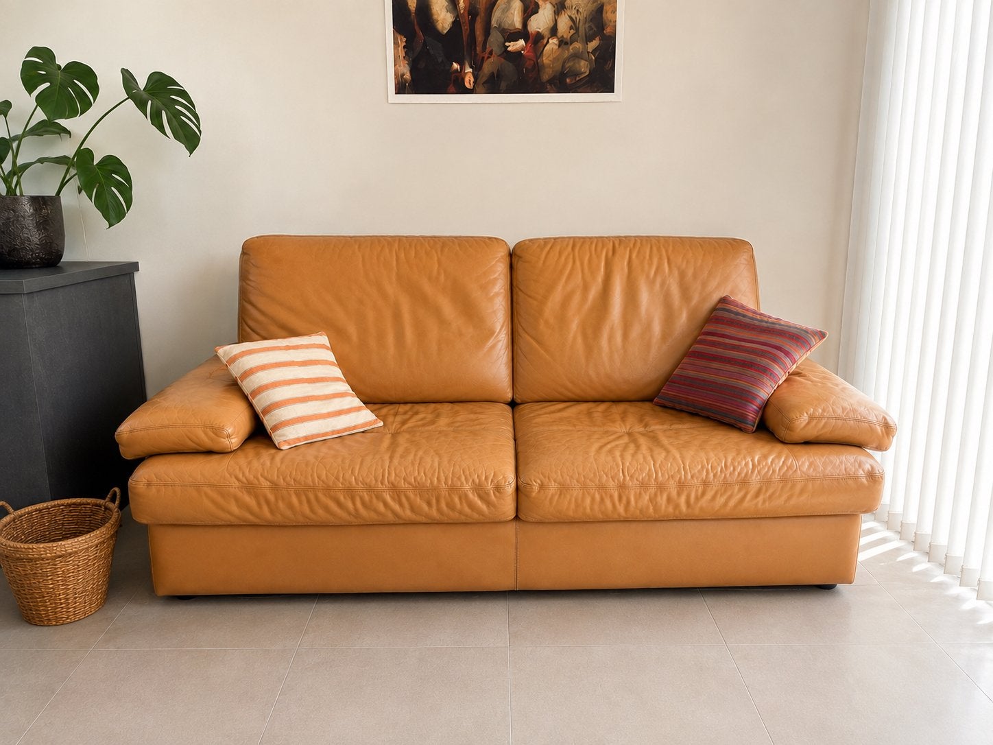 Set van 2 leren zetels – cognac/beige leder – klassiek, Ophalen, Leer