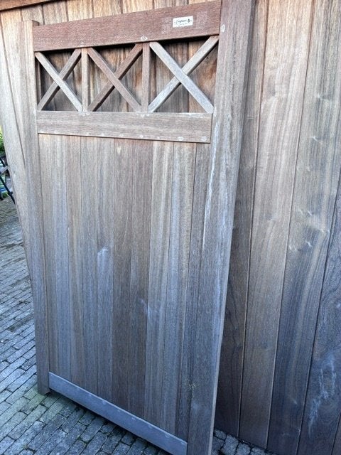 Kwalitatieve BANGKIRAI TUINDEUR ELEPHANT "BELMONTE", Jardin & Terrasse, Portail battant, Comme neuf, 100 à 150 cm, Bois