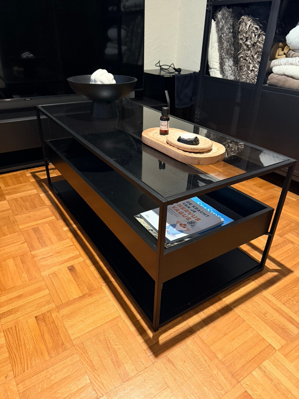 Stalen salontafel met hout, Ophalen, Zo goed als nieuw, Glas