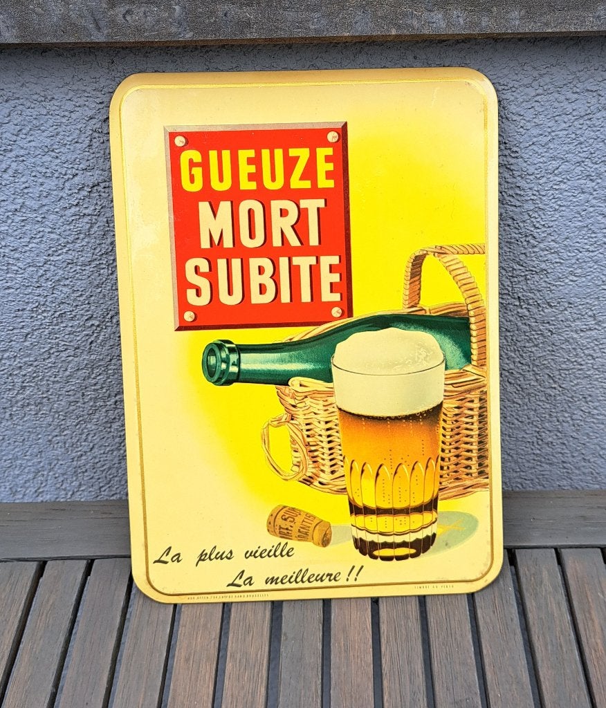 Publicité Gueuze Mort Subite des années 1950, Enlèvement ou Envoi, Utilisé, Panneau publicitaire