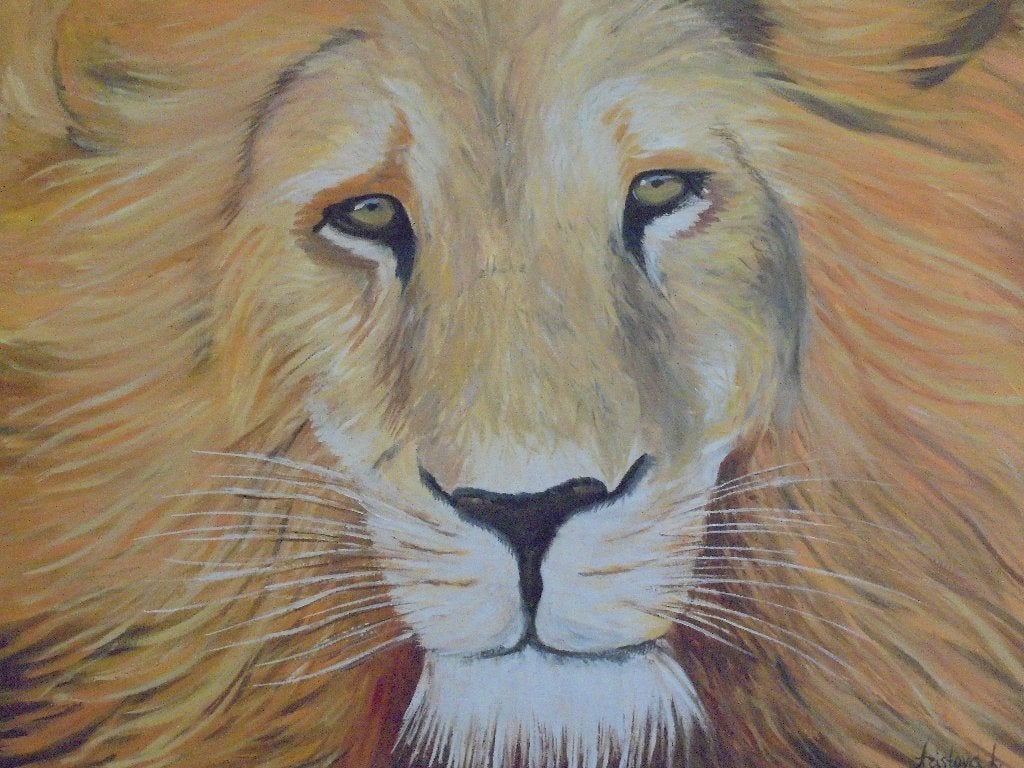 olieschilderij portret leeuw (60x80), Antiek en Kunst, Doek, Dieren, Ophalen of Verzenden, Olieverf