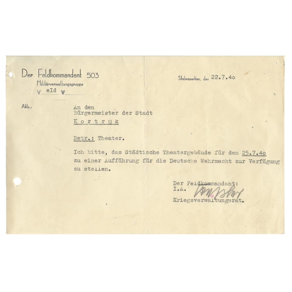 Duits Document - Opeising Stadsschouwburg Kortrijk - 1940, Ophalen of Verzenden, Landmacht, Overige typen