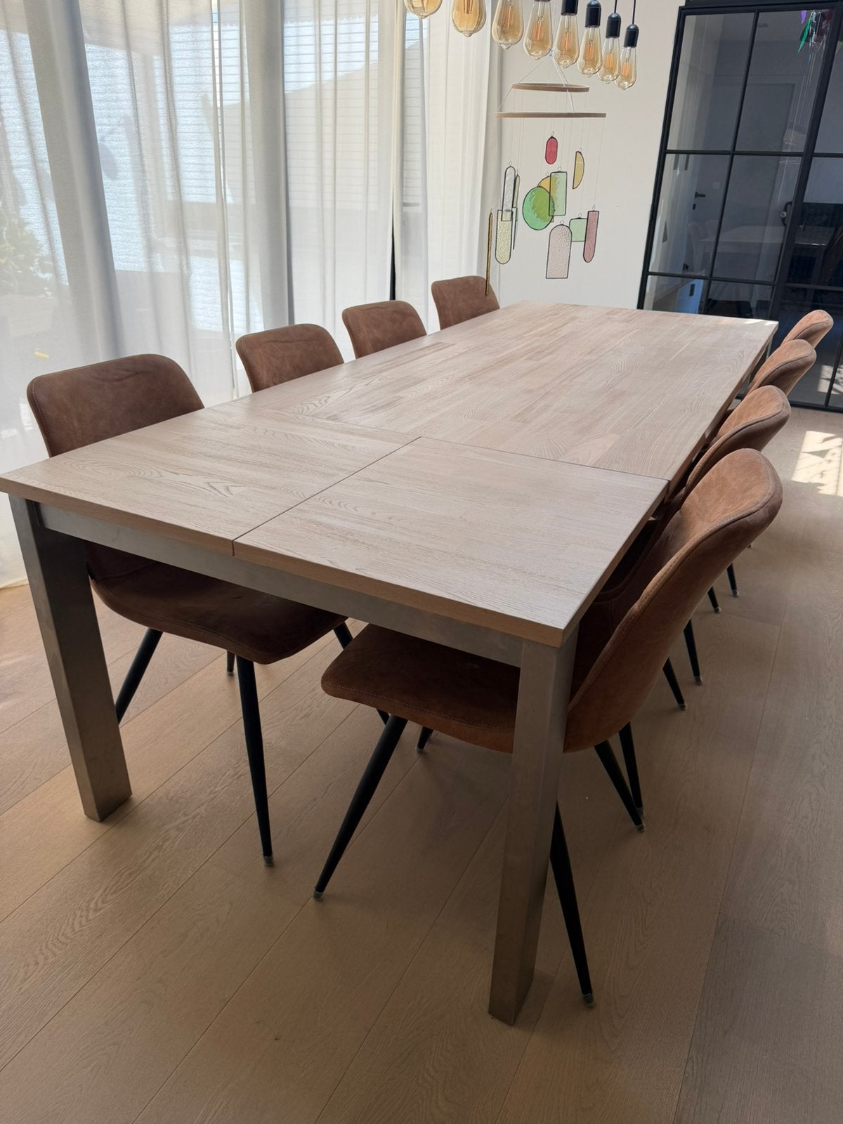 Eettafel eiken blad & RVS onderstel. Uitschuifbaar tot 200cm, Ophalen, Zo goed als nieuw