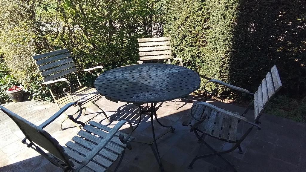 Vintage tuintafeltje en 4 stoelen, Ophalen, 4 zitplaatsen, Gebruikt, Stoel